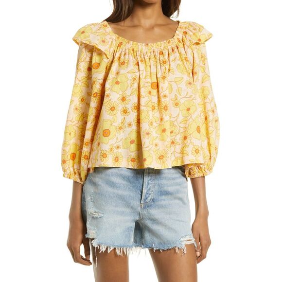 Free People Miss Daisy Ruffle Print Top In Ivory Combo - S - Picture 1 of 1
